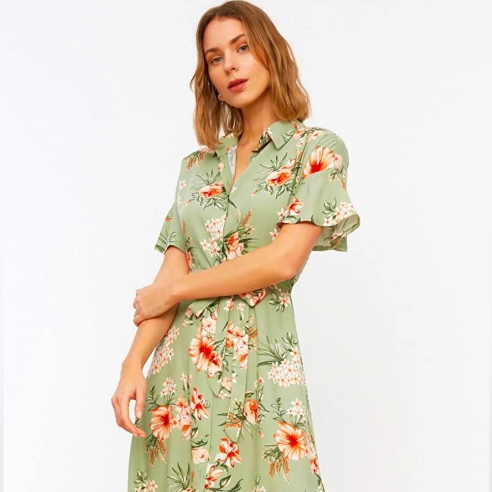 Multicolour Printed Floral Handkerchief Shirt Dress with Belt
